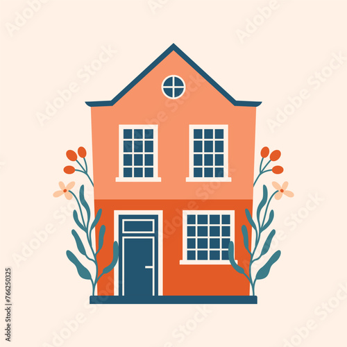 Cottagecore arhitecture. Cute vector colorful building in hand drawn flat style. Village building, house with plants, leaves, berries. Slow life, life on farm. Leisure in travel, vacation concept.  © renberrry