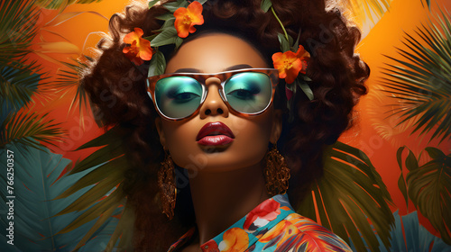 african woman with glasses posing with tropical background