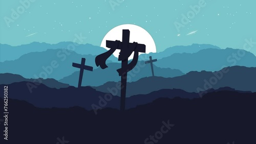 Good friday background animation with cross crucifix on hill and shooting stars. Suitable for Maundy Thursday and Holy Saturday. Video animation in 4k quality