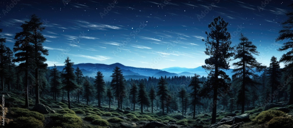 A natural landscape with mountains rising in the background, adorned with a canopy of trees under a starry sky with clouds drifting in the atmosphere at night
