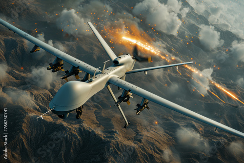 Unmanned military drone flying in the sky above the clouds, American technology. Concept: military reconnaissance drone, incident in the sky close up
