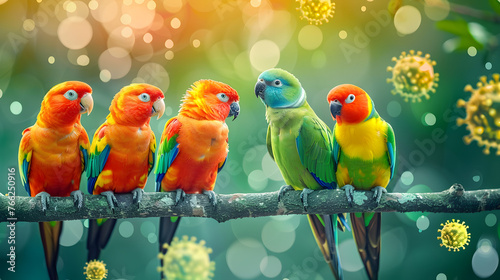 Colorful parrots on branch with viral particles, bokeh background.