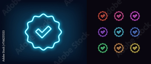 Outline neon Verified badge icon set. Glowing neon blue tick sign, approved checkmark. Verified user in social media, certified and original account, confirmed profile, verification mark. Vector icons