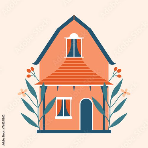 Village building, house with plants, leaves, berries. Cute vector colorful building in hand drawn flat style. Cottagecore arhitecture. Slow life, life on farm. Rest in travel, vacation concept.  © renberrry