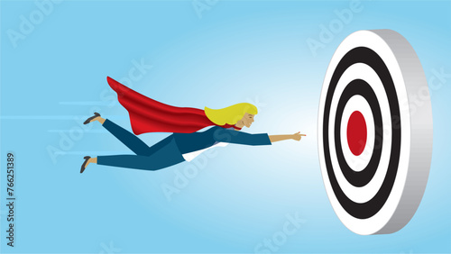 Woman aiming to bulls eye on dartboard. Goals and motivation. Dimension 16:9. Vector illustration.