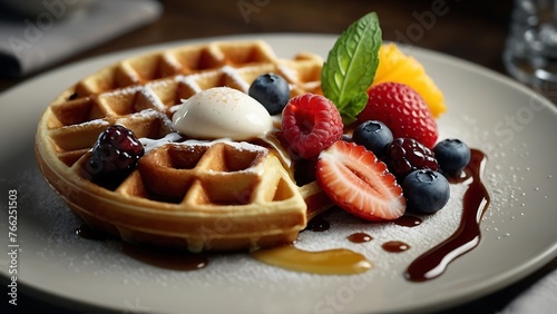 Waffles adorned with a delightful assortment of fresh berries and cream, a sweet morning treat bursting with flavor