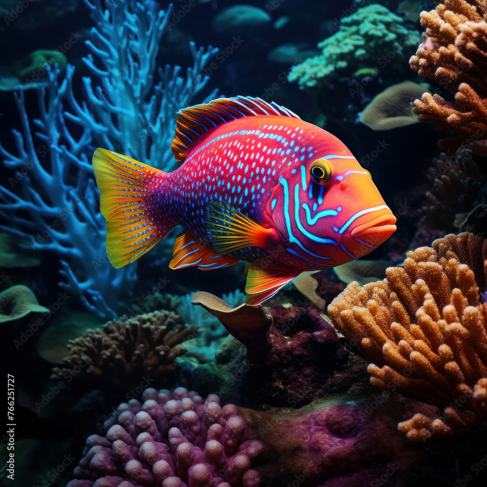 Naklejka premium Immerse yourself in the beauty of marine biodiversity with this colorful scene of a rock beauty fish swimming gracefully among vibrant coral reefs. AI generative