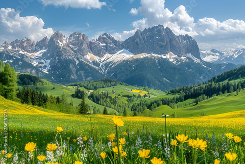 Idyllic mountain landscape in the Alps with blooming meadows in springtime