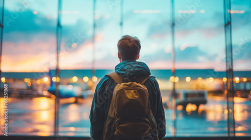 Young traveler gazing at airport sunrise, full of hope. photo