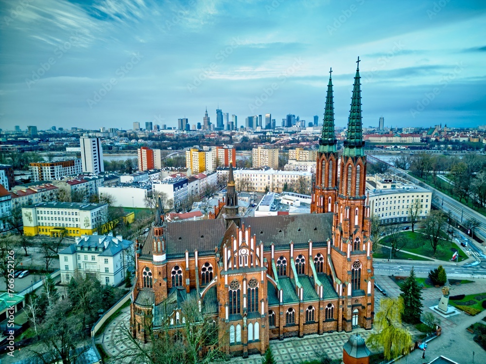 Beautiful panoramic aerial view of Warsaw with St. Florian's Cathedral towers, Warsaw. - obrazy, fototapety, plakaty 