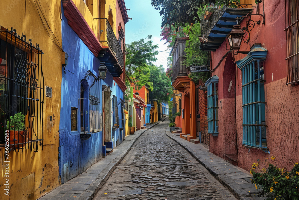 Obraz premium Picturesque narrow street with cobblestones, colorful buildings, and lush plants. Generative AI