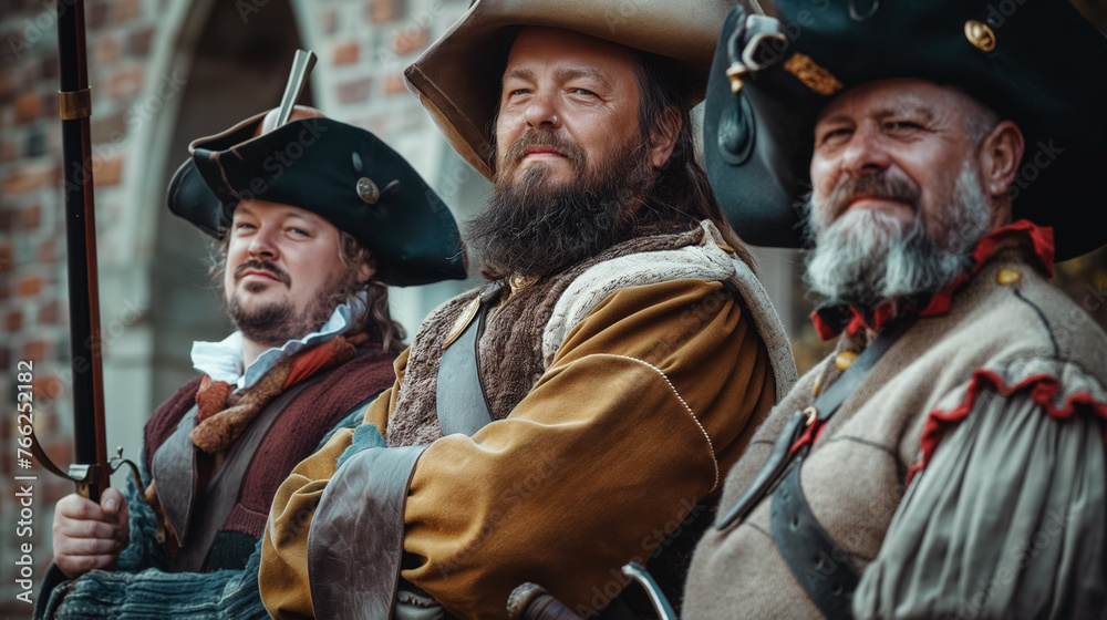 Reenactors in historic garb with confident poses. Reenactors in historic garb with confident poses.