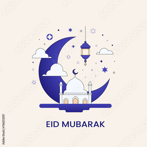 Eid mubarak islamic card background, Muslim festival, Ramadan greeting card, arabian scene illustration, vector banner design