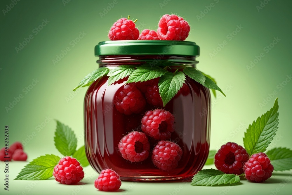 homemade raspberry jam in a jar isolated on green background homemade raspberry jam in a jar isolated on green background