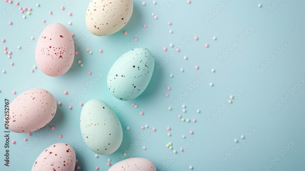 Happy Easter, Colorful pastel Easter eggs flat lay on light blue background, Easter card, copy space, generative ai Happy Easter, Colorful pastel Easter eggs flat lay on light blue background, Easter card, copy space, generative ai