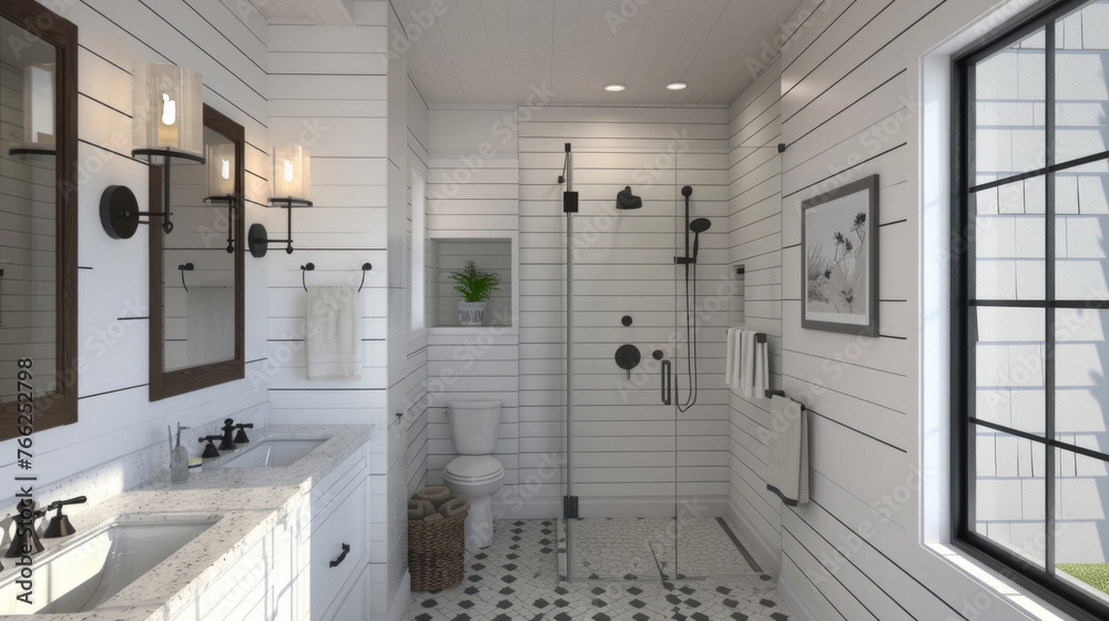 A modern farmhouse bathroom with white shiplap walls, a marble-topped vanity, and a walk-in shower with black hexagon tile flooring A modern farmhouse bathroom with white shiplap walls, a marble-topped vanity, and a walk-in shower with black hexagon tile flooring