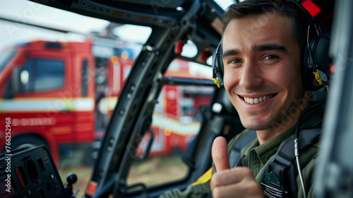 A man in a helicopter is smiling and giving a thumbs up. The helicopter is flying over a fire truck. A smiling male pilot inside of a rescue helicopter with thumb up gesture in front of a firetruck