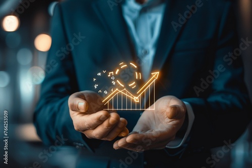 Interest rate and dividend, Businessman hold up arrow icon and percentage with graph indicators for investment growth. business financial investment, business growth, income, marketing and profit
