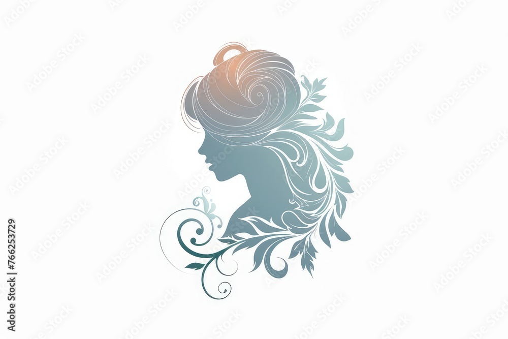 A hyper-realistic vector logo design of a woman silhouette in a hair salon theme. Elegant swirls and intricate details on a white background, giving an artistic and modern feel. Perfect for branding 