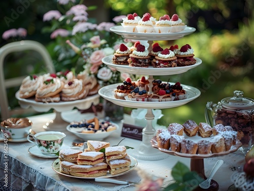 A lavish high tea arrangement with multi-tiered cake stands filled with delectable desserts in a blossoming garden.