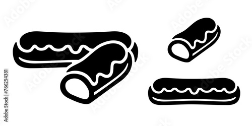 Eclair icon, black silhouette on white. Whole uncut cake and sliced piece with icing. Vector stencil clipart, minimalist design sign or logo, illustration of bakery and traditional french dessert.