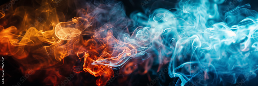Whirls of orange and blue smoke intertwining artfully.