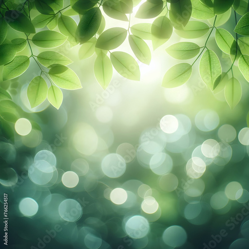 Tło z zielone liście bokeh, wiosenna ramka, dekoracja generative ai