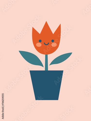 Kawaii tulip in the pot with funny face. Springtime botanical clip art. Botanical hand drawn illustration. Minimal icon with plant. Children's floral modern sticker.   © renberrry