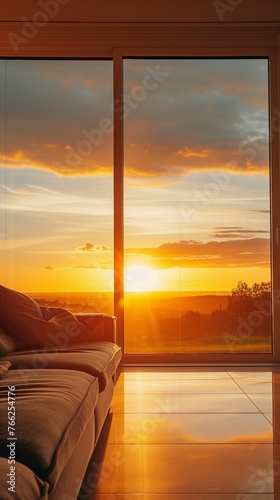 Modern living room bathed in golden sunset hues through a large window overlooking a scenic view