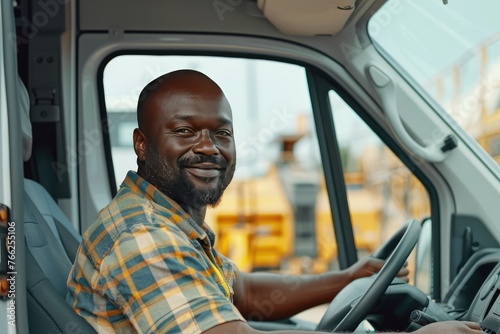 Confident Black British man, 36, driving van on bustling construction site. Genuine smile on bright summer day. Transportation, teamwork, progress