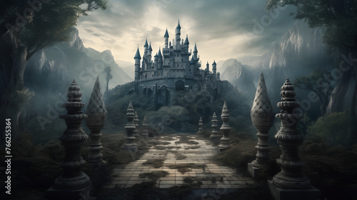 castle chess, symmetrical chaos, mystical creatures, photorealistic landscapes, dark and chaotic