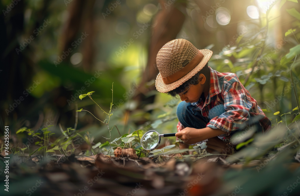 A boy wearing a plaid shirt and hat is crouching in the forest, holding a magnifying glass to study plants with curiosity