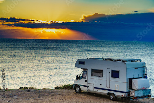 Caravan on nature in the morning at sunrise © Voyagerix
