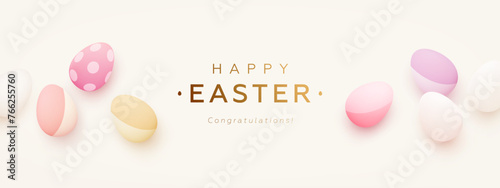 Happy easter horizontal greeting card or web banner with realistic 3d easter eggs and golden text on light background. Festive elegant wallpaper. Vector illustrations