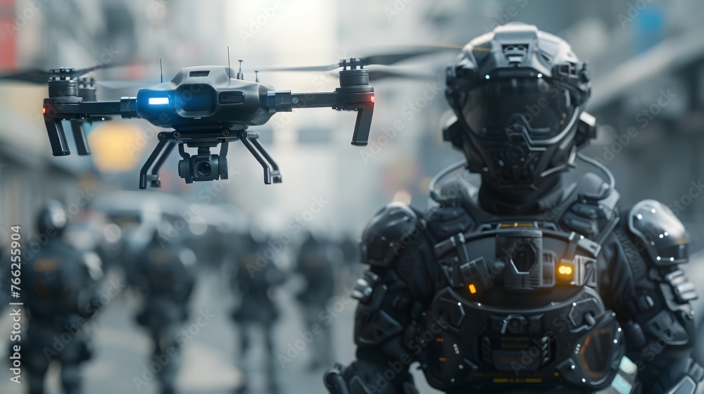 In a tense urban warfare environment, a tactical drone flies ahead of a fully armored soldier, both surveying the area. In a tense urban warfare environment, a tactical drone flies ahead of a fully armored soldier, both surveying the area.