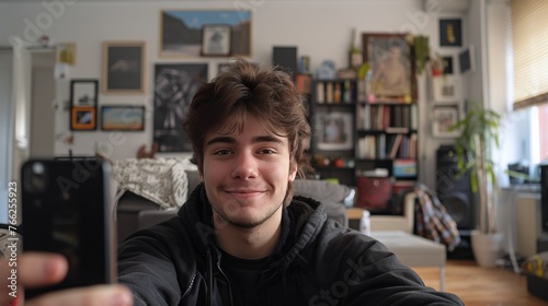 Man Holding Smartphone in Living Room