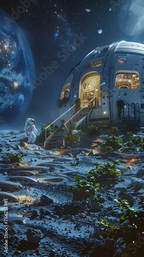 An astronaut steps down the staircase of a space habitat, set against a backdrop of an alien world's landscape and starlit sky.