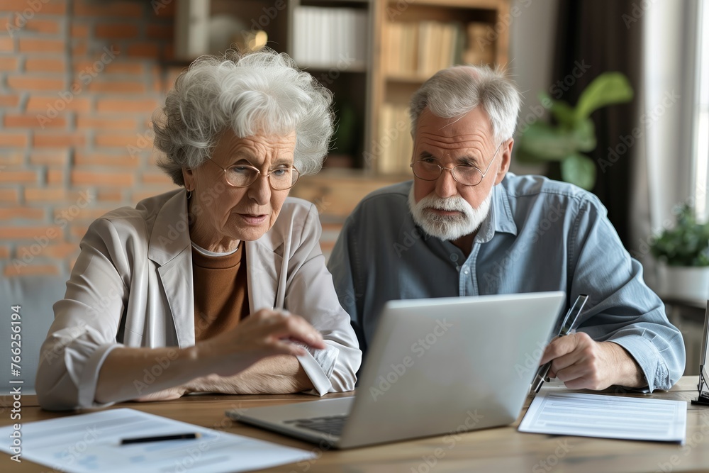 Elderly couple, old lady and man sitting together with a laptop and documents, discussing pension retirement plans, insurance, financial planning or vacation for seniors. 