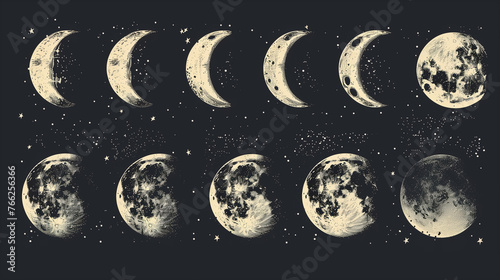 Vector image of moon phases on a dark background in vintage style