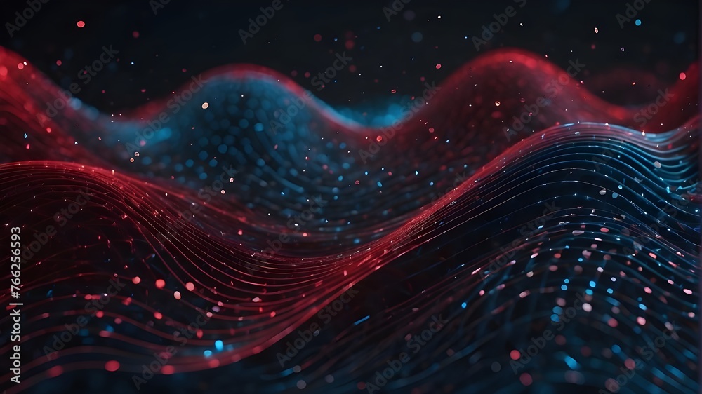 This abstract colorful wave background features digital light blue and light red particles, a confetti-like pattern of dots, and a dark orange color scheme. It may be used for creating red and blue wa - obrazy, fototapety, plakaty 