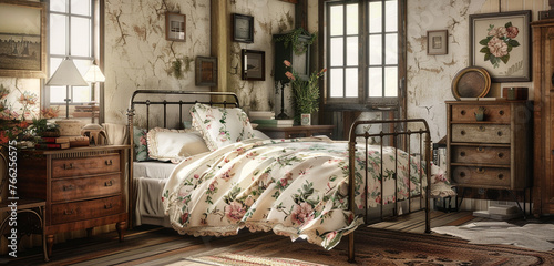 Vintage charm in a cottage bedroom with a wrought-iron bed, floral linens, and rustic wooden furniture.
