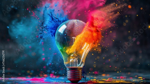 Colorful Light Bulb on Black Background