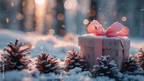 Pink Ribbon-Wrapped Present in Snow