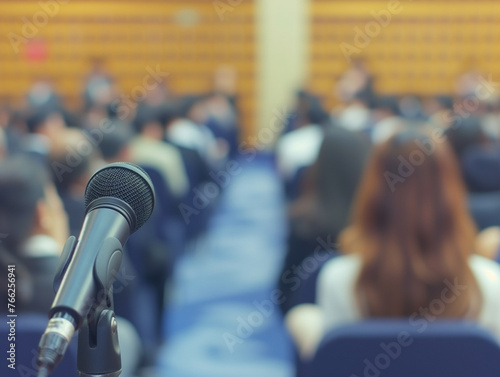 Lecture hall with attendees focused and business blurred background