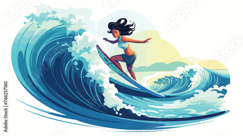 A girl with a surfboard dives under a wave. Vector icon