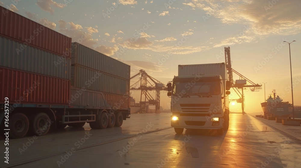 Container truck in ship port for business Logistics and transportation of Container Cargo ship and Cargo plane with working crane bridge in shipyard at sunrise, logistic import export and transport