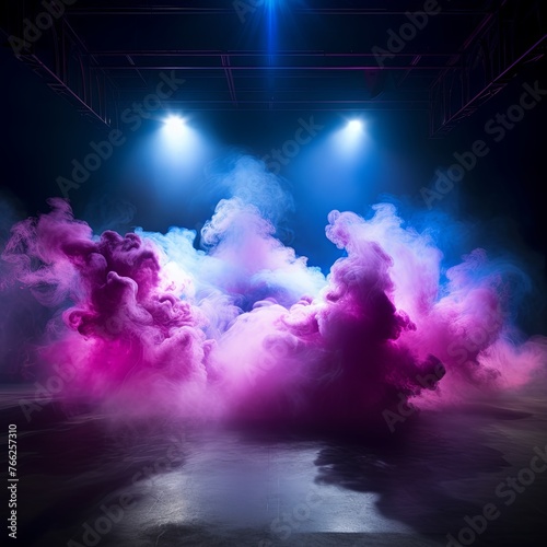 Smoky azure pink purple Light Shapes in the Dark,on the empty stage © Celina