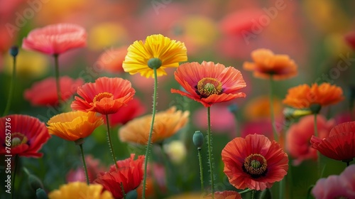 Vibrant Field of Red, Yellow, and Blue Flowers