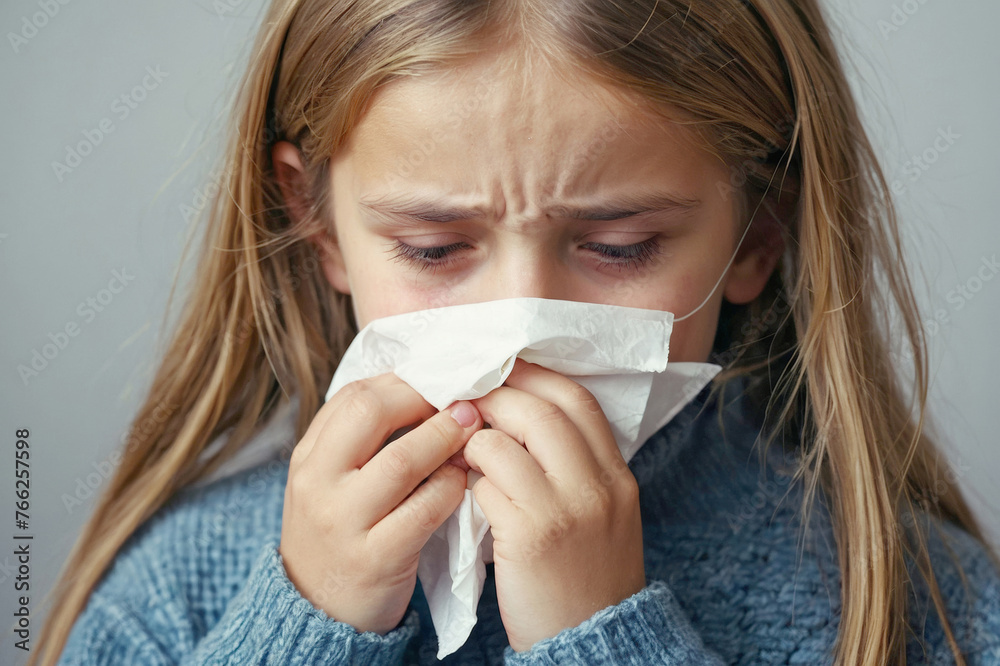 Face of unhappy upset tired child suffering from a cold and using napkins Face of unhappy upset tired child suffering from a cold and using napkins