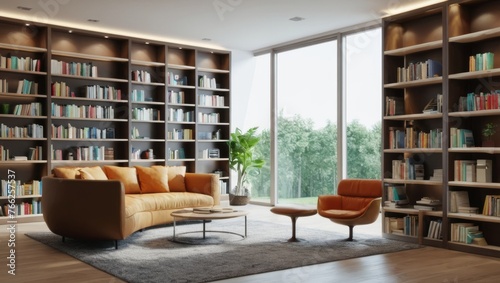 3D rendering of a library with bookshelves and sofas © Sumon